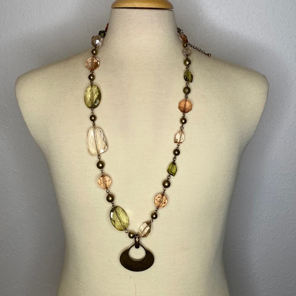 Large Beaded Long Metal Pendant Statement Necklace EUC OS Pink Green Clear